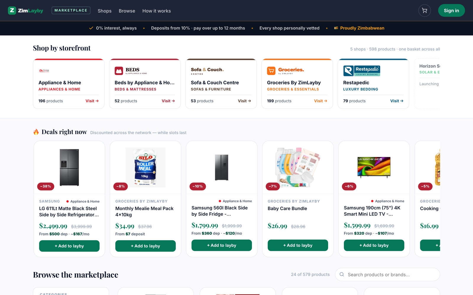 ZimLayby marketplace — storefronts and lay-by deals